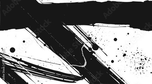 Dynamic black ink brush strokes and splatters on