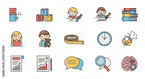 A collection of colorful flat line icons representing childhood, education, learning, development, and cognitive processes.