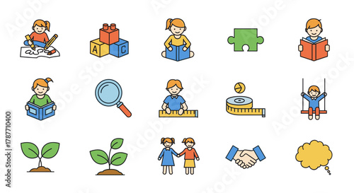 A collection of colorful line icons depicting children engaged in various learning activities, play, and social development.