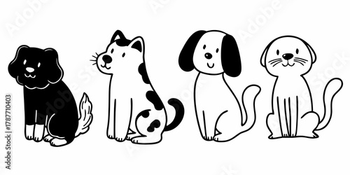 Four stylized dogs sitting in a row with different markings and features in black and white drawing style