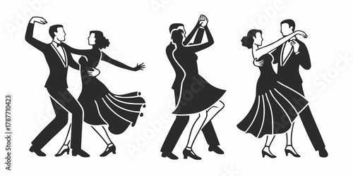 Silhouette illustration of three couples elegantly dancing in formal attire on a white background