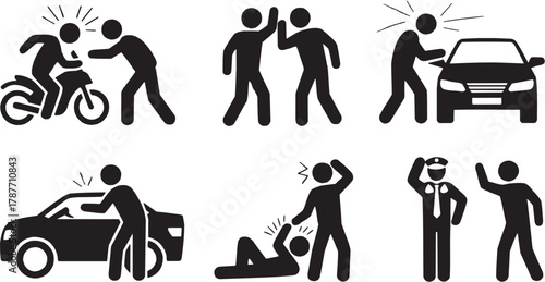 Accident and safety icons set. Danger, help, medical, injury, emergency, recovery, rescue, support, transportation, protection, healthcare, caution, attention, road, prevention, worker, risk, accident