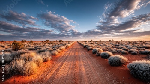 Scenic view of a long dirt road through the Australian outback at sunset
