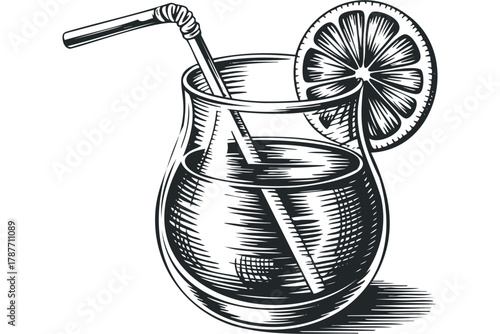 Woodcut Style Refreshing Beverage with Citrus Slice and Straw