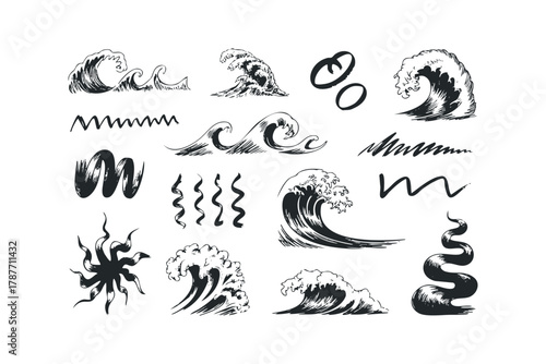 Collection of Hand Drawn Ocean Waves and Swirls