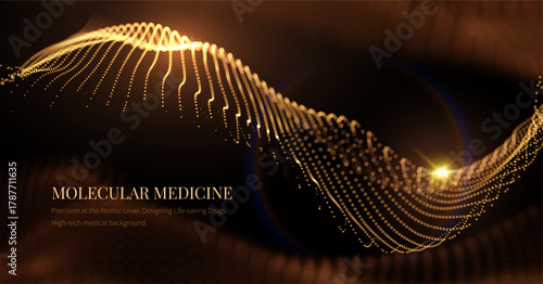 Golden data particles flow medical tech background, symbolizing AI-powered diagnostics, genetic research, neural networks. Scientific presentations, biotech websites, and innovation reports background