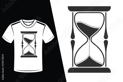 White t-shirt with black hourglass graphic and sand timer vector illustration