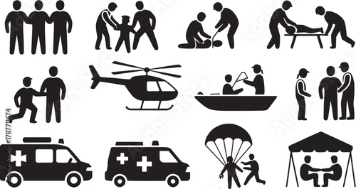Rescue operation icons set. Emergency, helicopter, sea rescue, medical, life saver, teamwork, safety, response, team, first aid, rescue, accident, marine, professional, hospital, help, emergency, urge