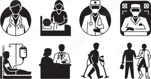 Doctor and patient consultation icons set. Medical, healthcare, diagnosis, clinic, medicine, stethoscope, support, hospital, health, checkup, trust, prevention, recovery, safety, treatment, doctor, pa