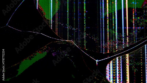 Close up of a broken TV screen displaying colorful pixel distortion and crack lines from impact.
