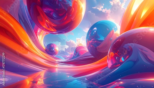 Fototapeta Naklejka Na Ścianę i Meble -  A vibrant abstract landscape features swirling ribbons of color, floating orbs, and a reflective surface, mirroring the sky