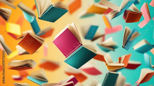 Motion concept with vivid books soaring across a neutral background, pages fluttering gracefully