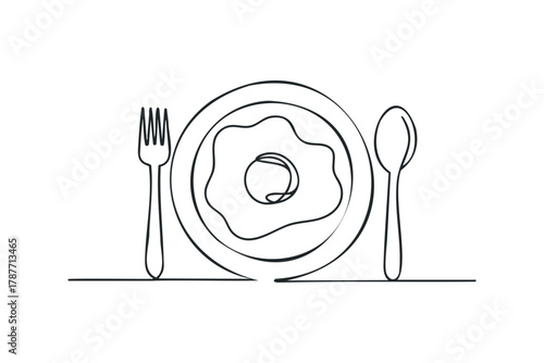 Line drawing of fried egg on plate with fork and spoon