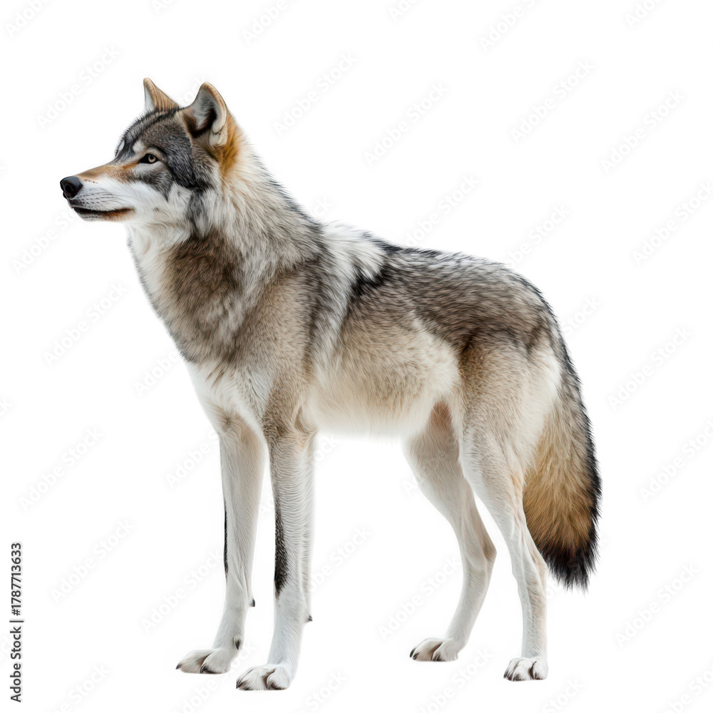 Fototapeta premium A majestic wolf stands elegantly on a white background. its striking fur patterns and keen expression. ideal for wildlife photography or educational materials