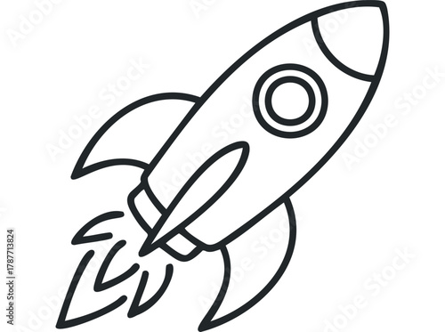 Stylized outline of a rocket ship launching upwards