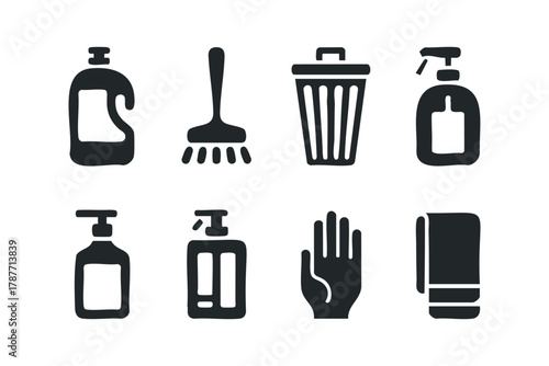 Cleaning supply icons and household tools vector set