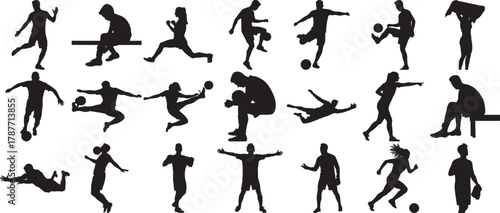 Hand made Set of soccer player silhouettes in various poses vector illustration for sport design By Adobe Illustrator