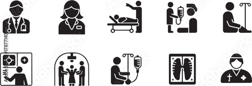 Medical emergency icons set. Hospital, ambulance, treatment, stretcher, doctor, healthcare, help, rescue, emergency, safety, response, support, patient, medicine, service, accident, clinic, first aid,