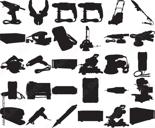 Hand made Set of power tools silhouettes various electric equipment for construction and home improvement By Adobe Illustrator