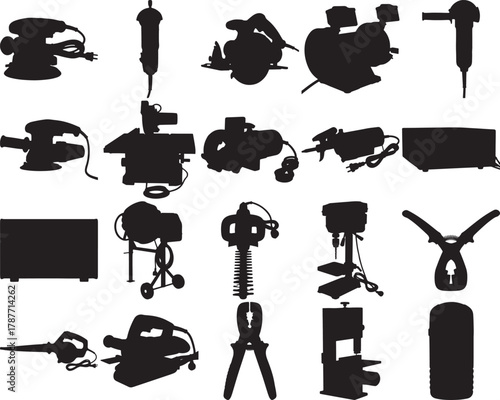 Hand made Silhouette collection of power tools vector illustrations for construction and home improvement projects By Adobe Illustrator