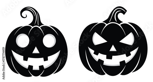 Halloween jack-o-lantern silhouettes with scary and happy carved faces for spooky party decoration and holiday design