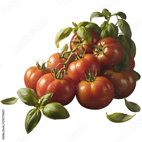 Ripe red tomatoes on the vine with fresh basil leaves