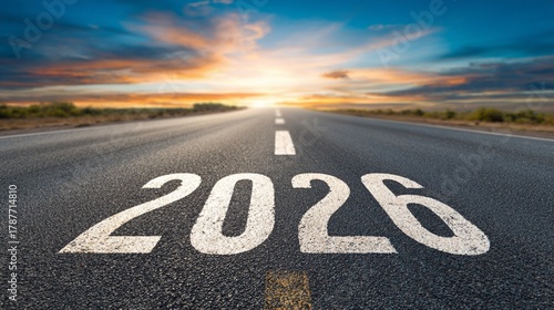 Wallpaper Mural An empty highway stretching towards a vibrant sunset horizon, with the year 2026 painted in large white numbers on the asphalt, symbolizing future journey and opportunities ahead. Torontodigital.ca