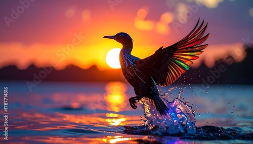 Bird taking flight from the surface of water during a vibrant sunset, with wings spread wide and splashes around its feet. The background features a dramatic gradient of orange, pink, purple, and blue
