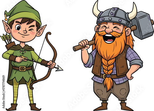 Cartoon fantasy elf archer and viking warrior characters standing together, medieval adventure duo illustration, comic style fantasy heroes concept art