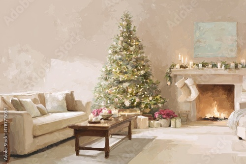 digital painting of cozy living room with Christmas tree and fireplace, pastel beige background, warm home vibe card