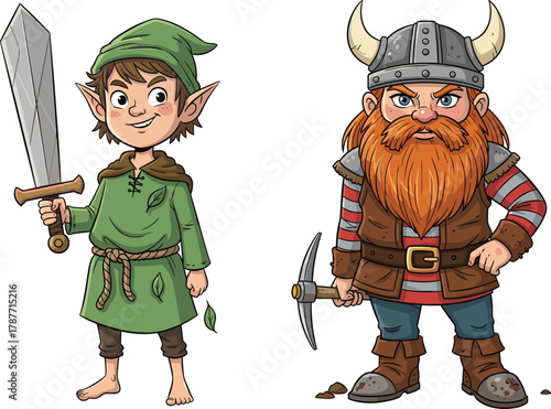 Cartoon fantasy elf warrior and dwarf miner characters standing together, medieval adventure illustration, cute comic style fantasy heroes artwork