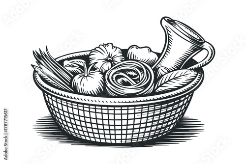 Wicker basket filled with pasta, gourds, and leaves