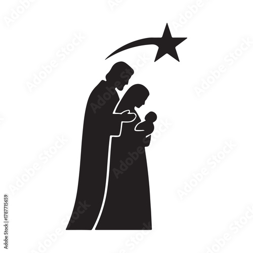 Elegant silhouette of the Nativity scene, showing Joseph, Mary, and the infant, under a guiding celestial star, symbolizing peace, hope, and spiritual birth, celebrating tradition