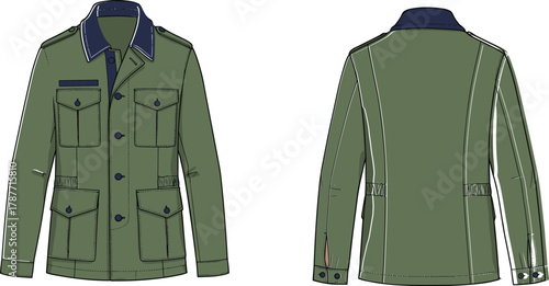 Flat sketch of military-style jacket front and back view with pockets, epaulets, navy collar, vector fashion illustration for stock