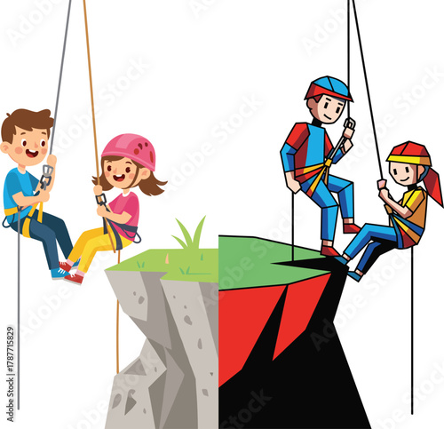 Children and adults rock climbing with safety gear, outdoor adventure activity, teamwork and courage, cartoon illustration of mountain climbing fun