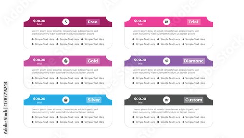 Six Pricing Table Templates with Different Plans Free, Trial, Gold, Silver, Diamond, and Custom Options