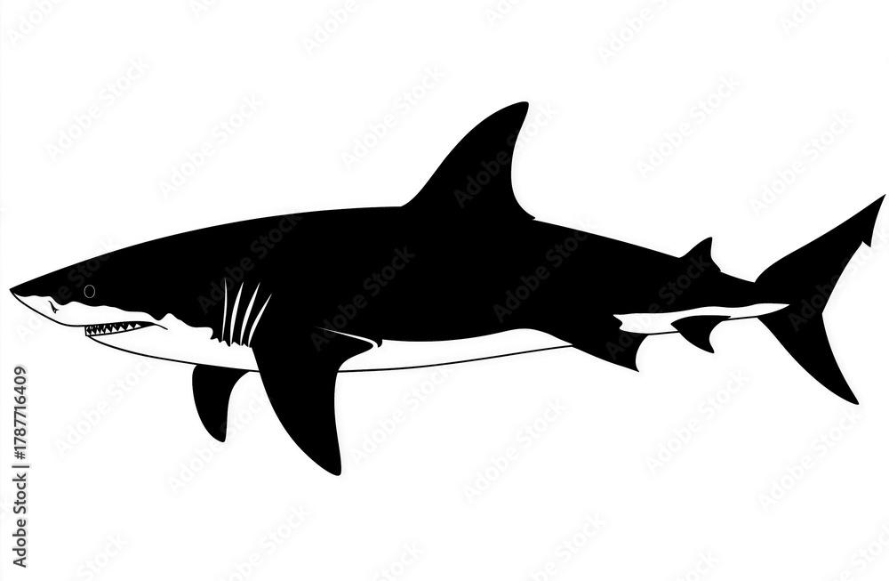 Fototapeta premium Shark black silhouette isolated on white or transparent PNG background. Perfect for graphic design, logos, marine themes, ocean projects, educational materials. High-quality professional stock image.