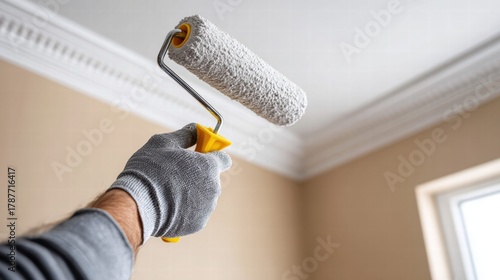 Hand with paint roller painting a ceiling