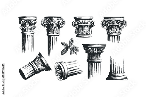 Collection of antique column capitals and shafts with foliage