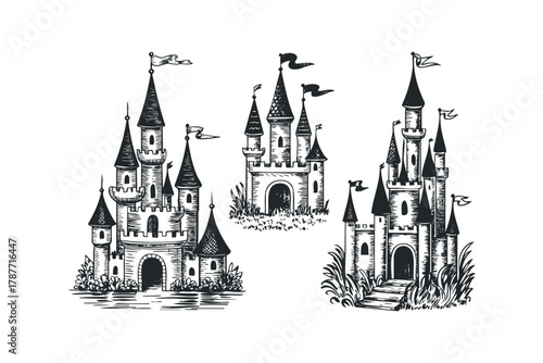 Three intricately drawn castles with flags against a white background