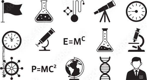Physics and science experiment icons. Formula, test tube, measurement, atom, gravity, time, invention, research, innovation, discovery, education, energy, motion, chemistry, lab, symbol, analysis, ide