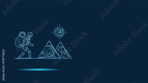 Low Poly Abstract Backpacker Trekking Past Geometric Peaks Under Shining Star Symbolizing Digital Freedom And Technology Driven Outdoor Adventure Exploration