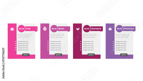 Colorful Pricing Table Trial, Basic, Standard, and Premium Plans, Each with Features and Select Button
