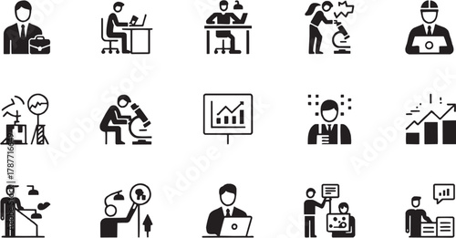 Scientific research icons set. Laboratory, experiment, microscope, chemistry, data, innovation, discovery, education, test, science, equipment, molecule, biology, idea, analysis, formula, physics, inv