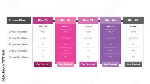 Colorful Pricing Table with Five Plans, Features, and Get Started Buttons Displayed on White Background