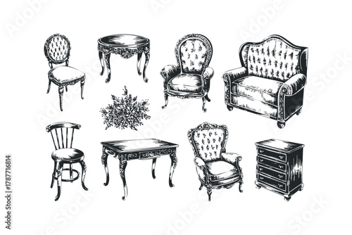 Set of antique ornate furniture and floral bouquet elements