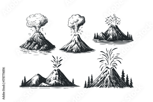 Erupting volcano collection with smoke and lava