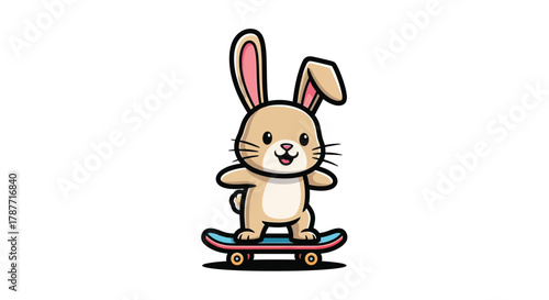 Cartoon bunny rabbit riding a skateboard, cute and playful illustration.