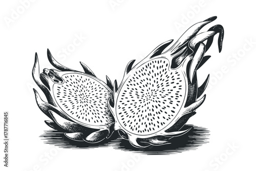 Halved Dragon Fruit with Black Seeds and Spiky Exterior