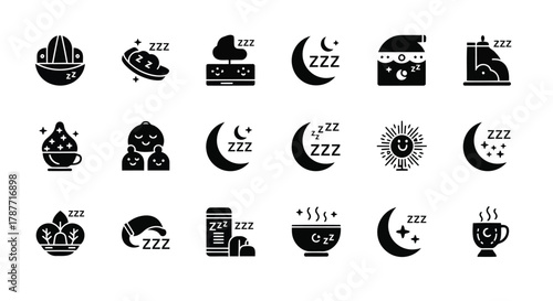 Vector art of collection of sleep and bedtime icons, representing various aspects of rest and relaxation